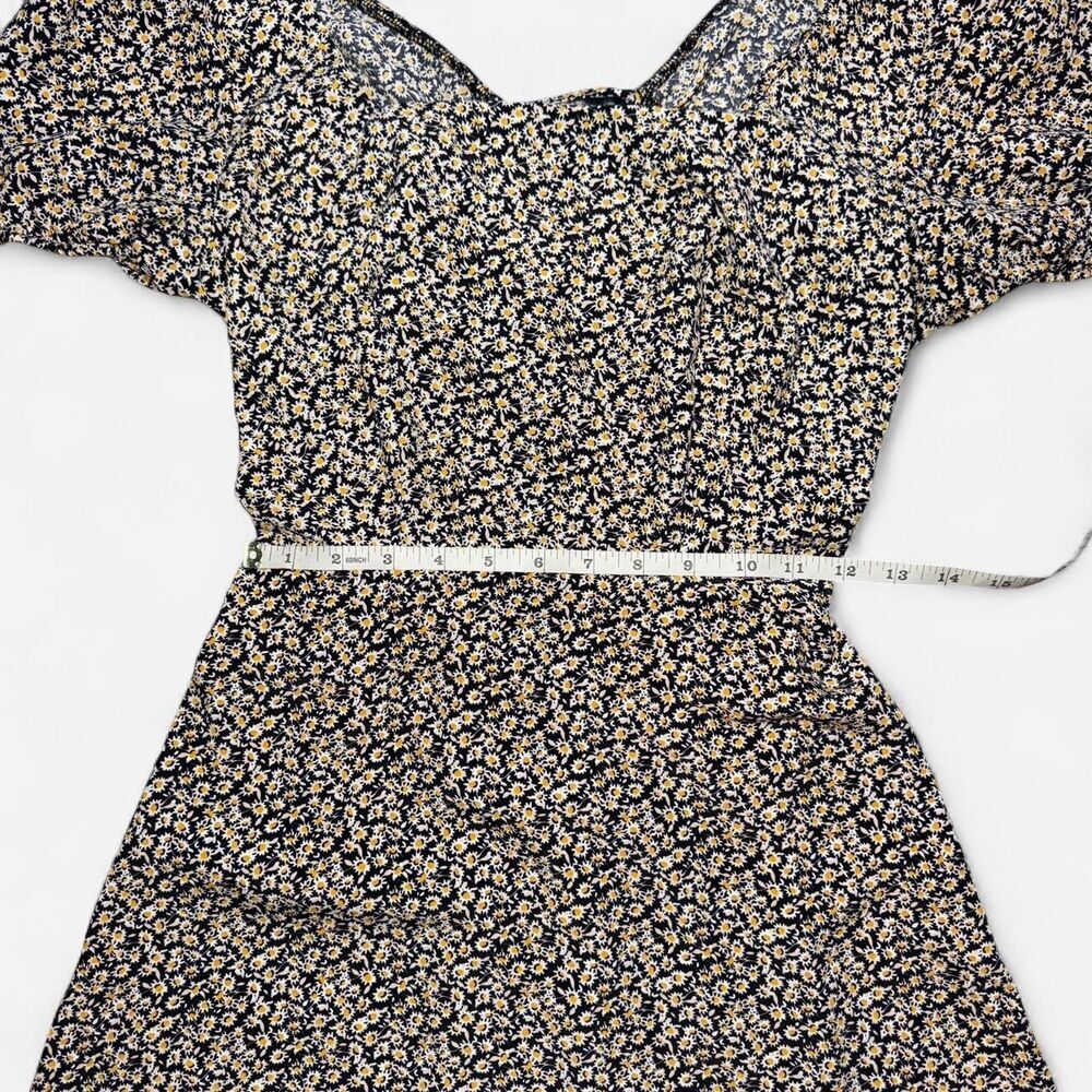 Black Puff Sleeve Yellow Daisy Mini Dress with Open Tie Back; Size SMALL - Picture 2 of 8